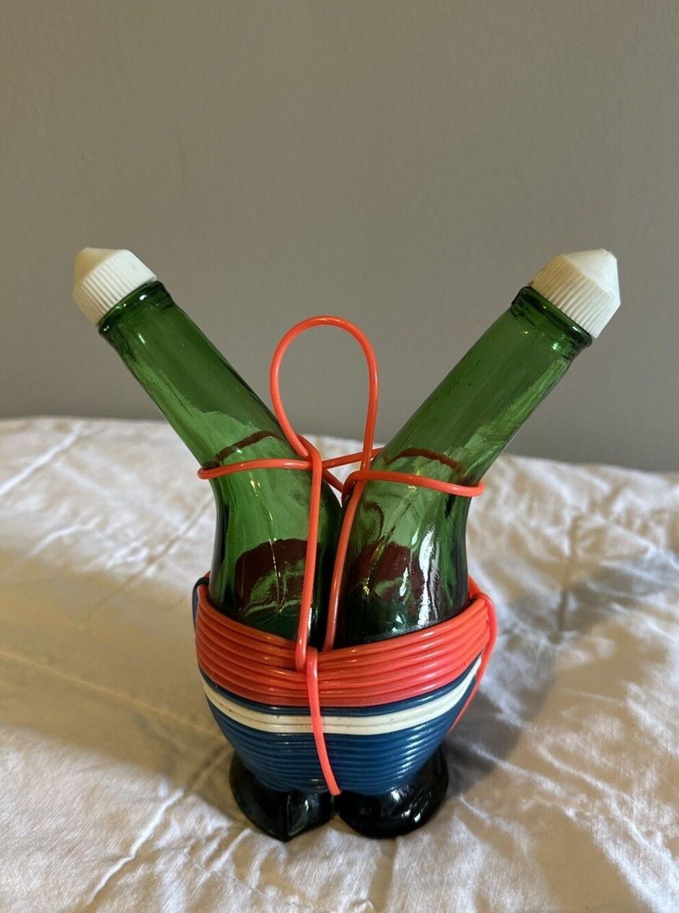 Vintage Calamassi Wrapped Double Neck Oil & Vinegar Bottle Italy Cruet 1960s